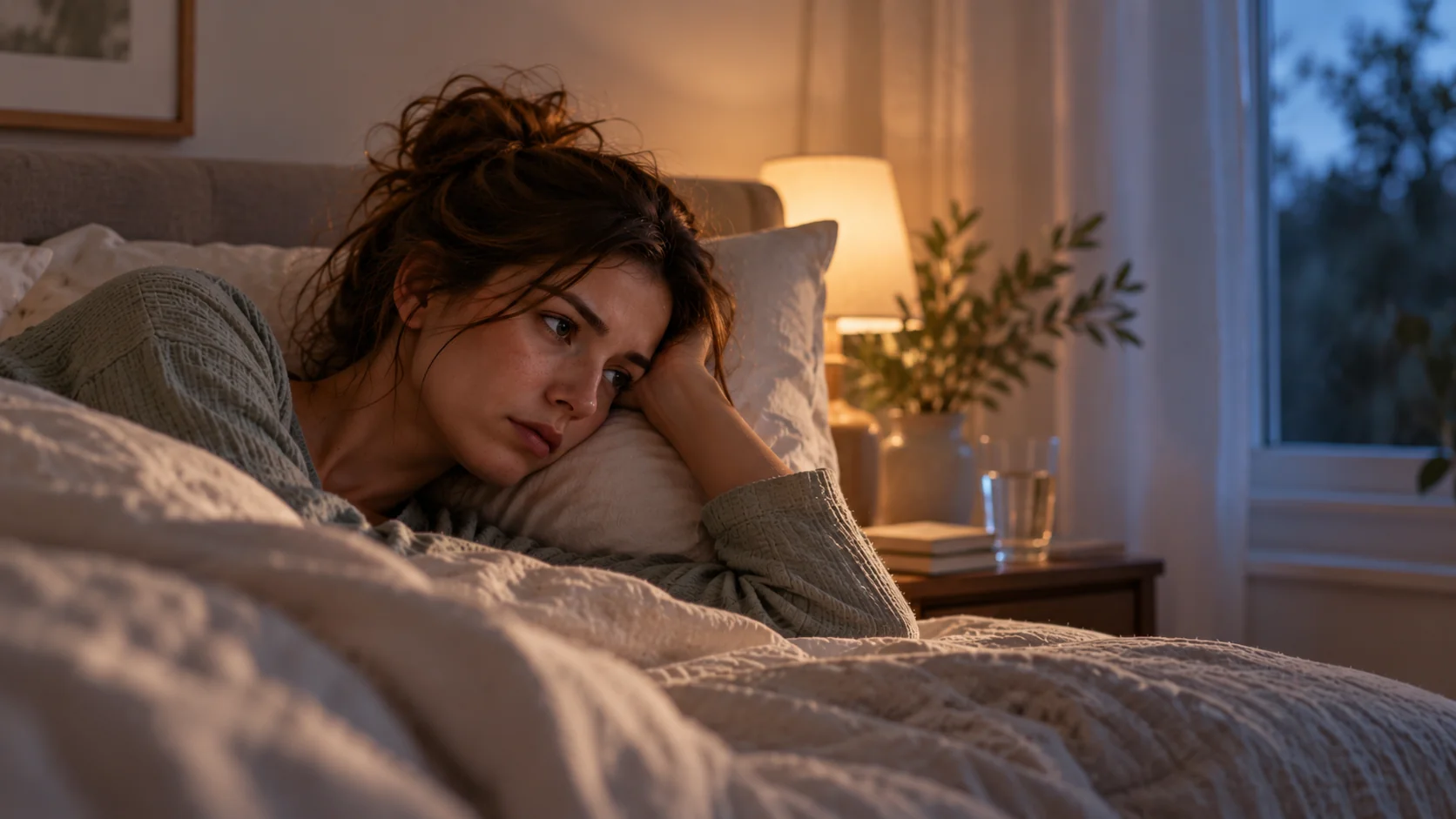 Wache Person liegt nachts nachdenklich im Bett