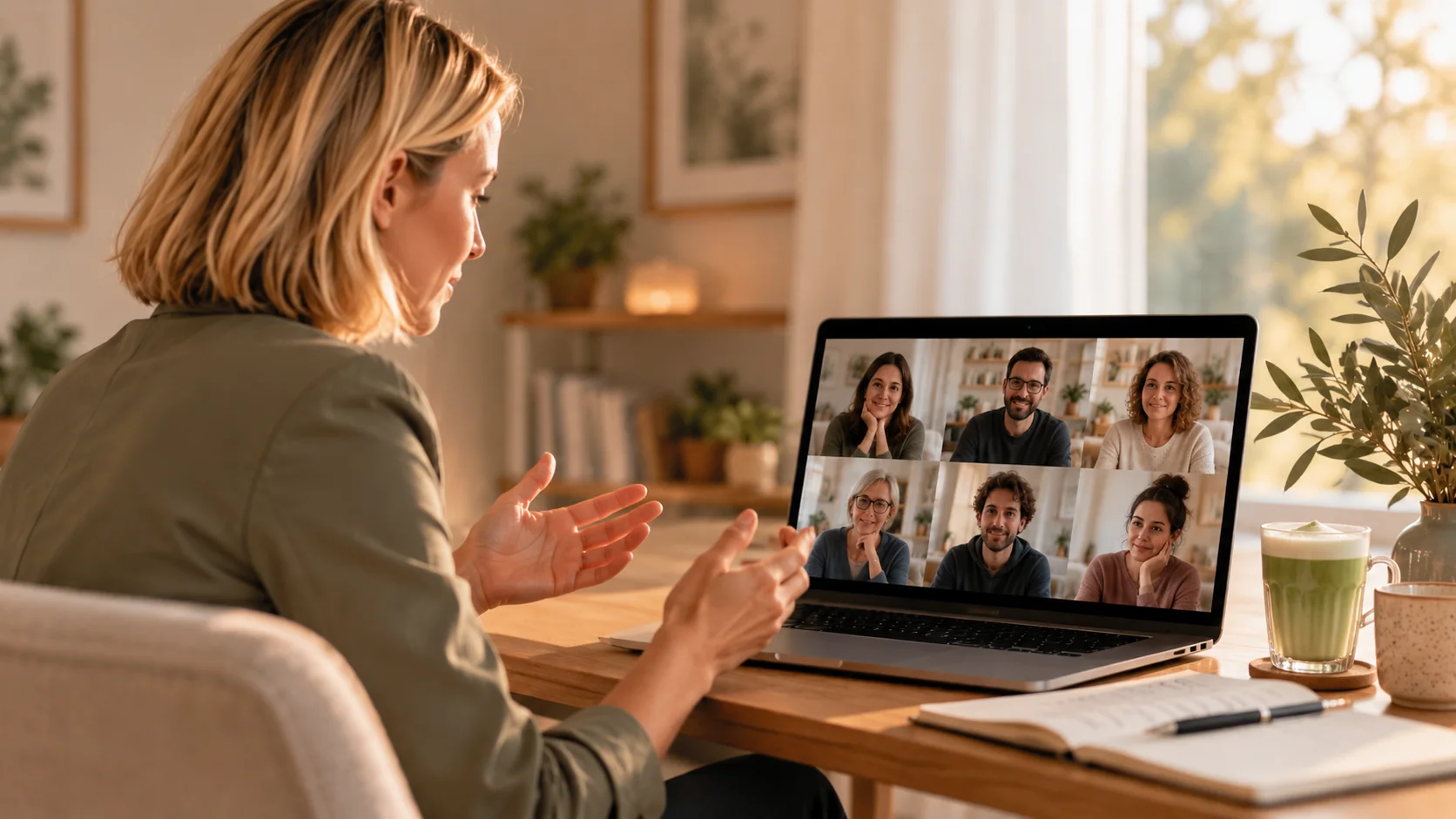 Blonde Therapeutin leitet eine Videogruppensitzung am Laptop; daneben ein Matcha Latte