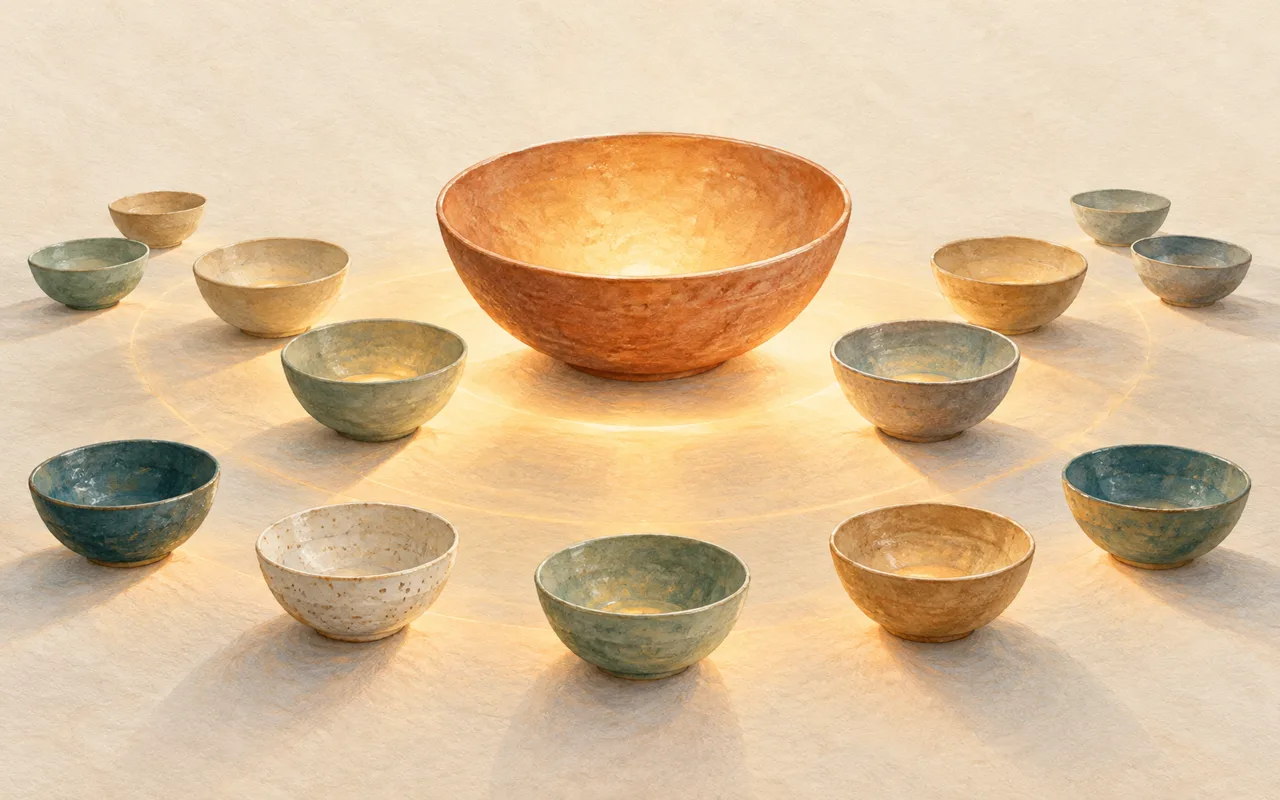 Warme Lichtreflexe verbinden eine große Schale mit kleineren Schalen als Sinnbild für liebende Güte.