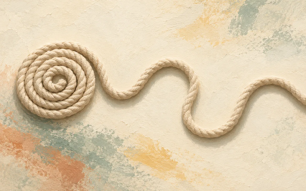 Ein Baumwollseil geht von einer engen Spirale in lockere Kurven über – Sinnbild für Anspannung und Entspannung.